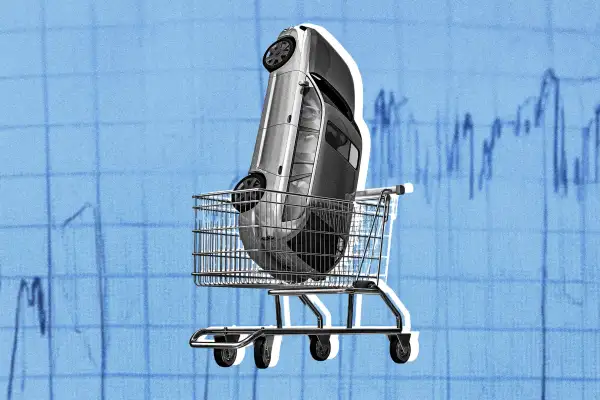 Car in a shopping cart with graph in the background