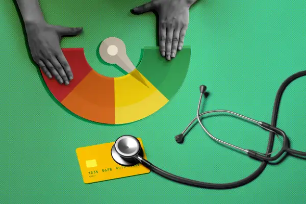 Photo collage of a stethoscope on top of a credit card, and a pair of hands on top of a credit score wheel