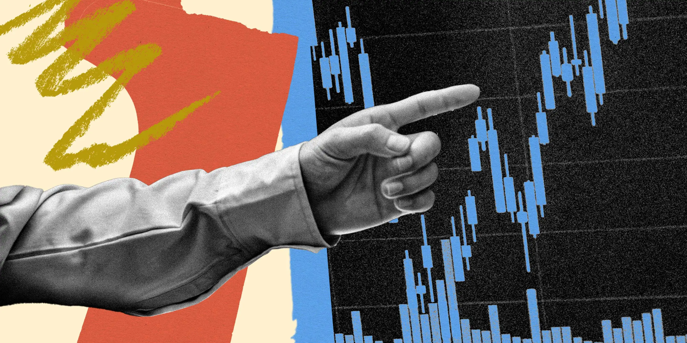 Photo-collage of hand pointing at stock graph