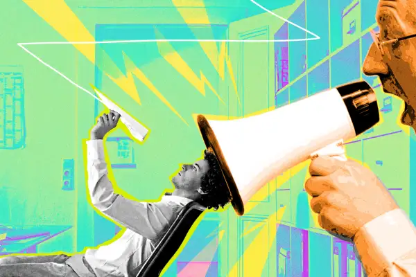 Photo collage of a young man in an office, throwing a paper airplane, and an older man speaking into a megaphone next to him