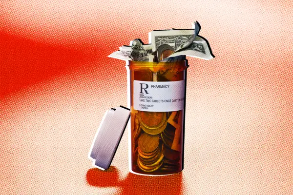 A medicine prescription bottle with money inside of it