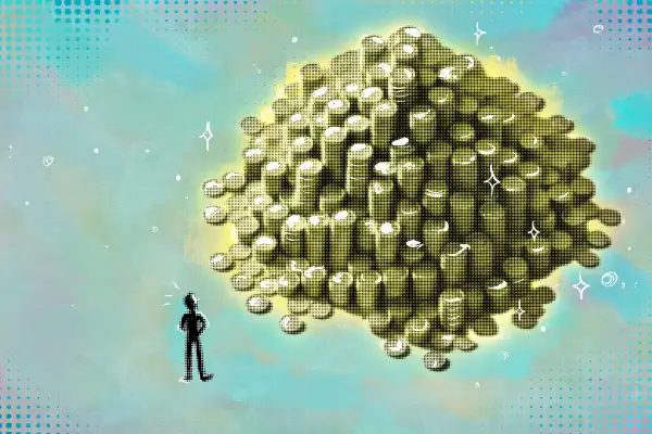 Illustration of a person looking at a giant, massive pile of coins