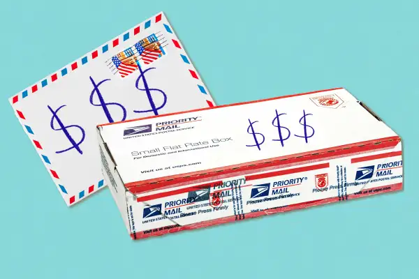 USPS package and stamped envelope with dollar signs on them