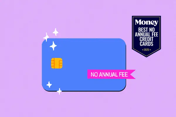 Illustration of a credit card with a  No Annual Fee  banner on top