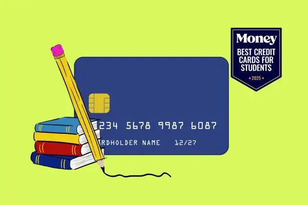 Illustration of a credit card with a stack of books and a pencil in-front