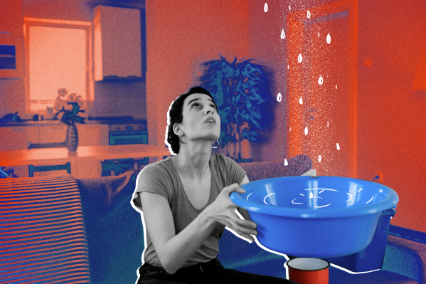 Woman holding a bucket catching water droplets in her apartment