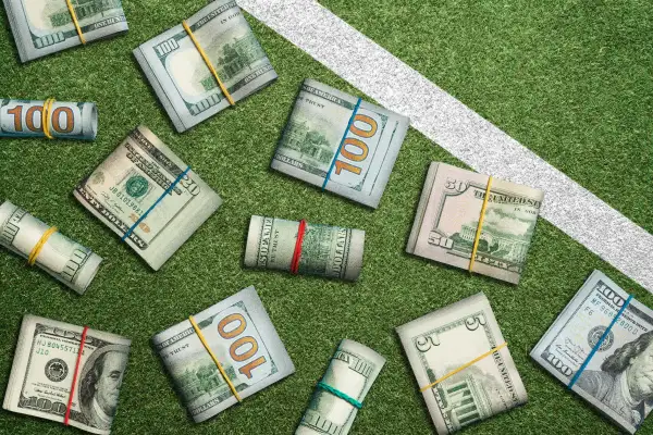 Photo collage of a a football field with dollar bills placed on the sideline