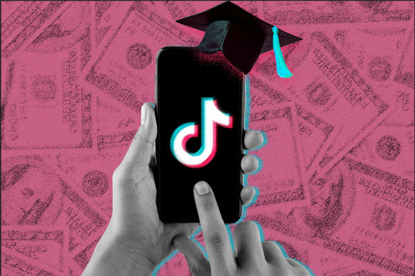 Hand holding a smartphone displaying the TikTok logo, with a graduation cap and money in the background