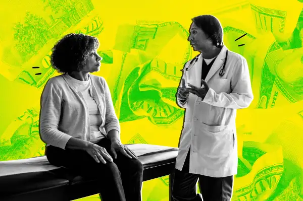 Photo collage of a doctor discussing treatment with a woman in exam room, with money in the background