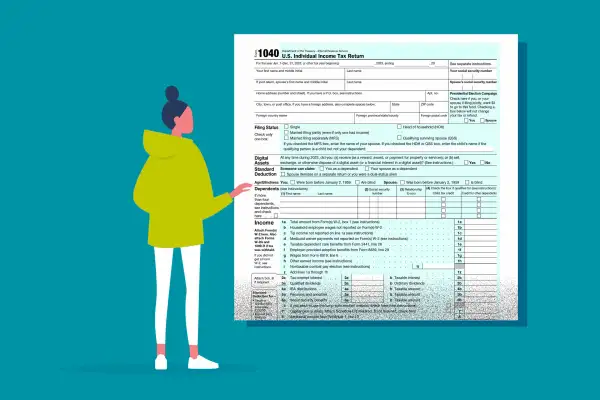 Illustration of a person examining a giant tax form that floats in the air