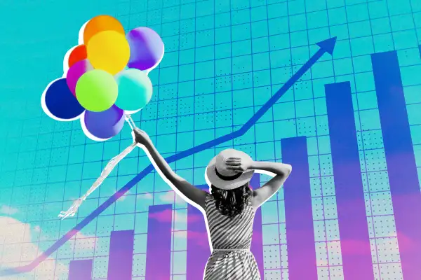 Photo collage of a woman holding balloons looking up to a stock chart