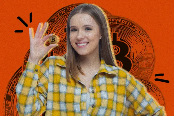 Photo collage of a young woman holding a bitcoin, with multiple bitcoins in the background