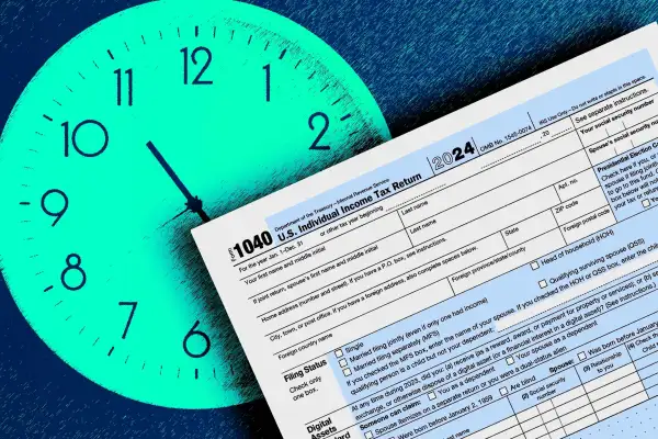 Photo-illustration of a clock and 2024 tax form.