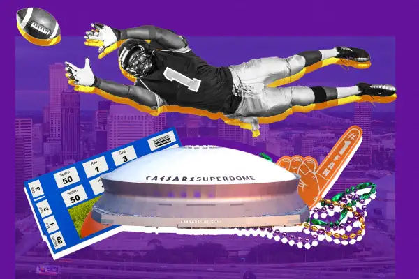 Collage of the New Orleans superdome, football tickets, foam finger, and football player