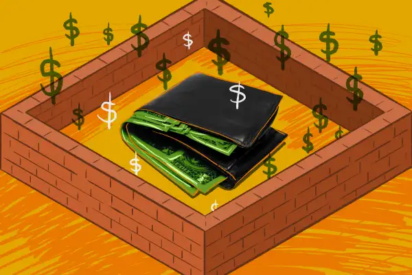 Illustration of a wallet being reinforced and strengthened by a wall