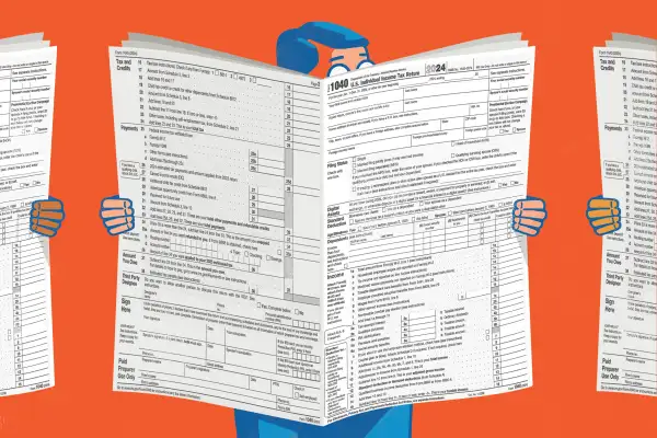 Illustration of a man reading a big 1040 Tax Form