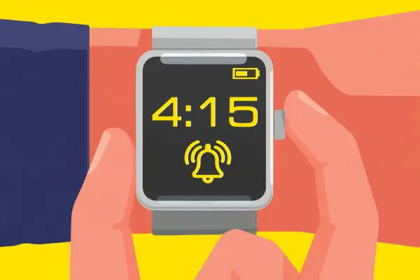 Illustration of a smart watch showing a 4:15 alarm