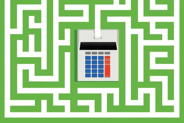 Illustration of a calculator with a very long receipt in the shape of a maze