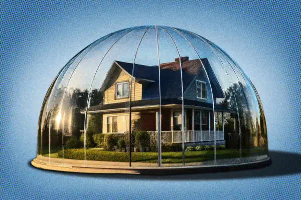 Photo illustration of a house inside a glass dome