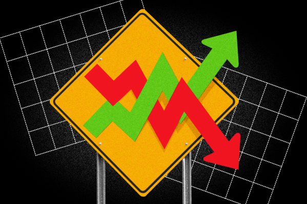 Traffic sign post, with two stock market arrows, one ascending and one descending, indicating a volatile stock market