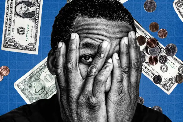 Photo-illustration of a man covering his eyes with money in the background