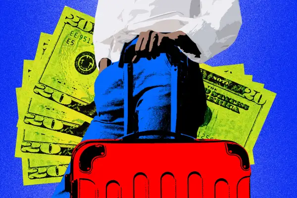 Photo illustration of a person pushing a big suitcase, with multiple twenty dollar bills in the background