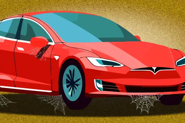 Illustration of a red Tesla Car with spiderwebs around the wheels