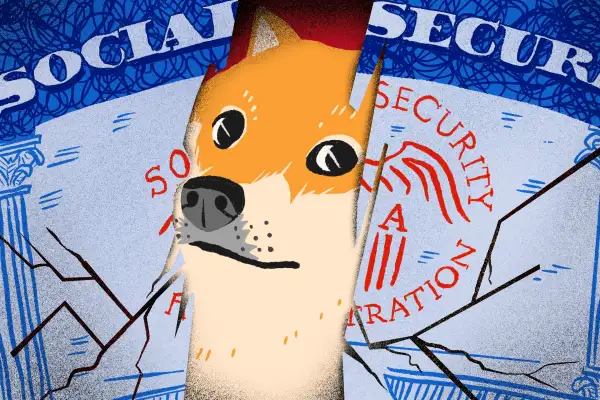 An illustration depicting how Social Security is threatened by DOGE tearing it apart