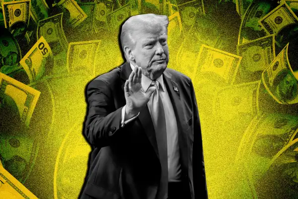 Photo collage of President Donald Trump with waves of money in the background