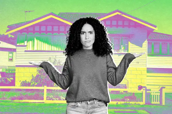 Illustration depicting a woman unsure of her future as a homeowner