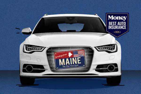 Collage of an isolated white car with a Maine license plate