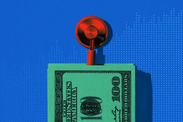 Photo-illustration of a stethoscope coming out of a one hundred dollar bill.